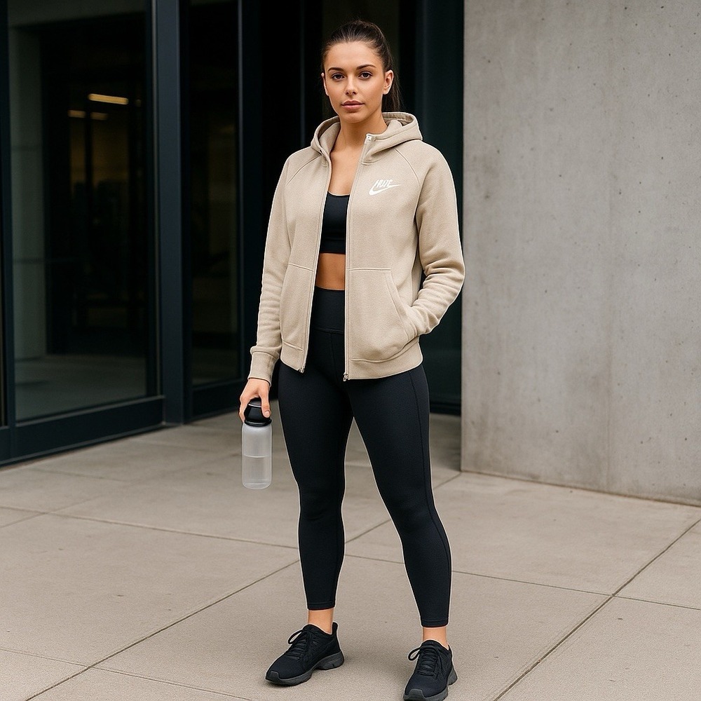 Nike Jacket Womens M Beige Tech Fleece Funnel Neck‎ Full Zip Hoodie Minimalist
